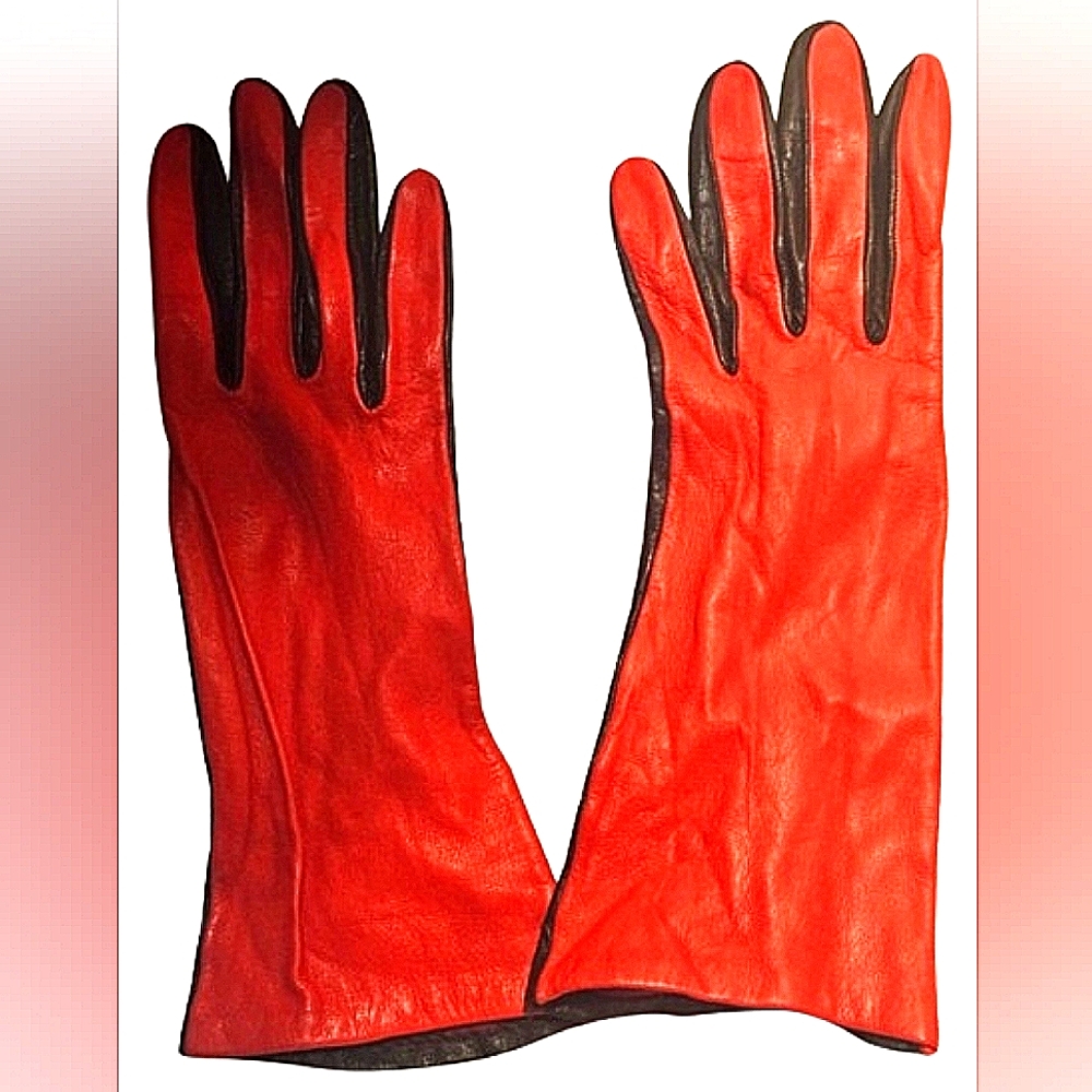 Womens Vintage Red and Black Two Tone Leather Gloves size 6 1/2